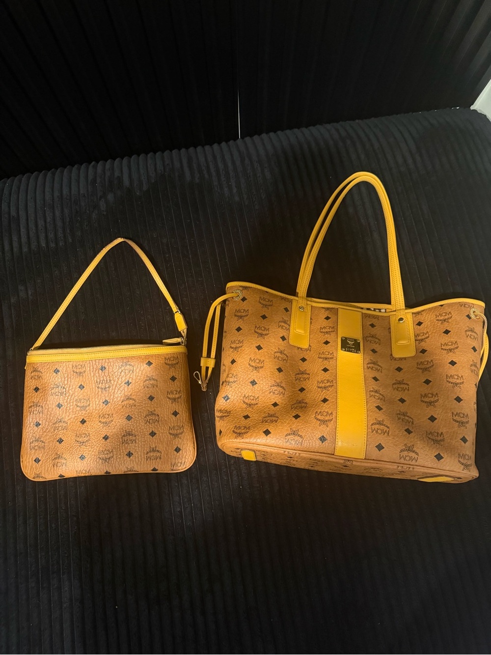 MCM Cognac Visetos Tote with Yellow Trim and Pouch - Picture 2 of 8